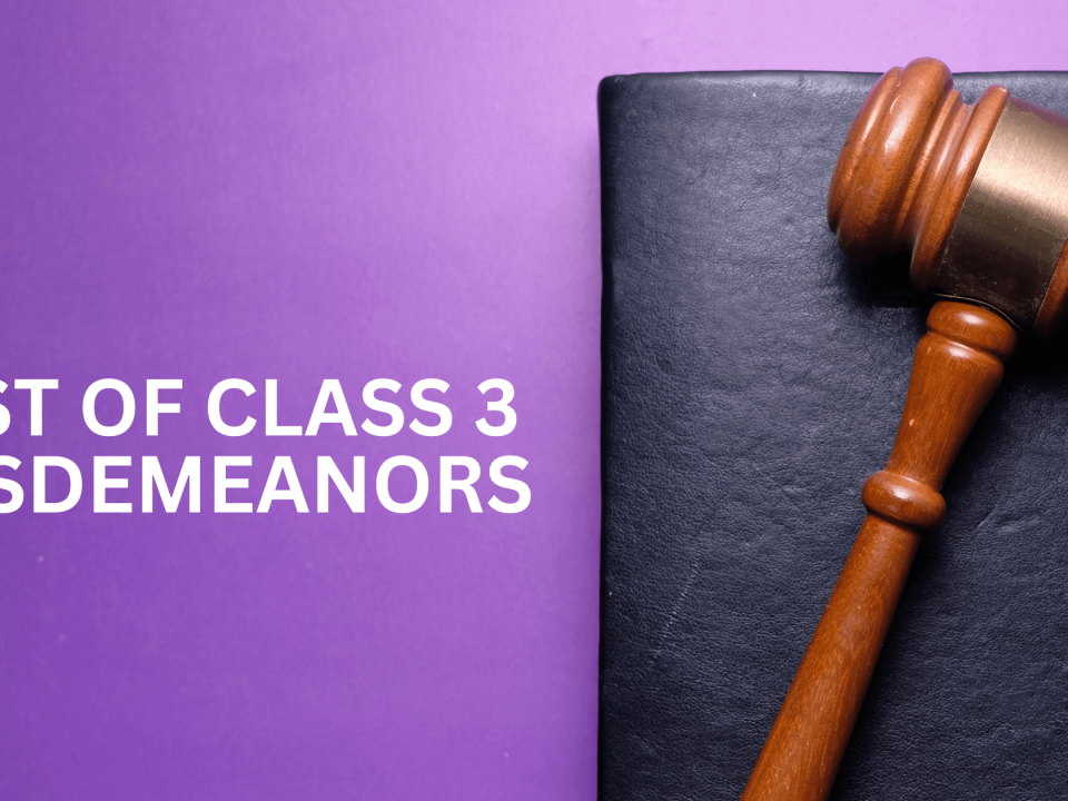 Wooden gavel atop a book titled List of Class 3 Misdemeanors on purple background.