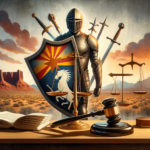 Medieval knight armor with justice symbols in an Arizona desert setting.