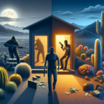 Night scene in Arizona desert with figures, shed, and vibrant cacti.