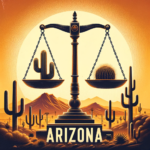Artistic depiction of Arizonas justice system symbolized by balanced scales and desert landscape.