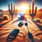 Arizona desert scene with police car and abandoned keys, highlighting aggravated DUI.