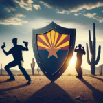 Silhouettes in desert landscape with colorful shield symbolizing self-defense in Arizona.
