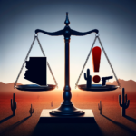Symbolic balance scale contrasting Arizonas geographical weight with a stylized figure and exclamation mark.