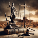 Iconic symbols of law and justice in a dramatic desert setting.