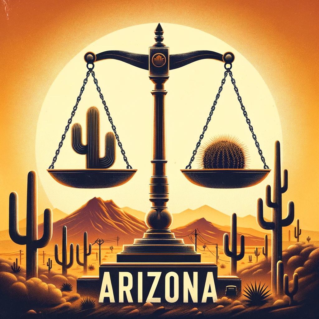 Arizona balance scale with cactus and Native American basket over desert sunset.