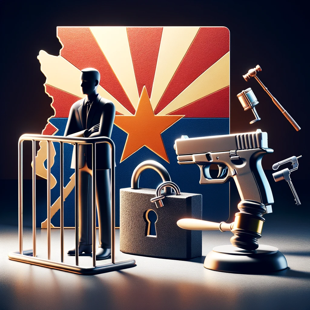 Arizona justice system with firearms, gavel, padlock, and podium against state flag backdrop.