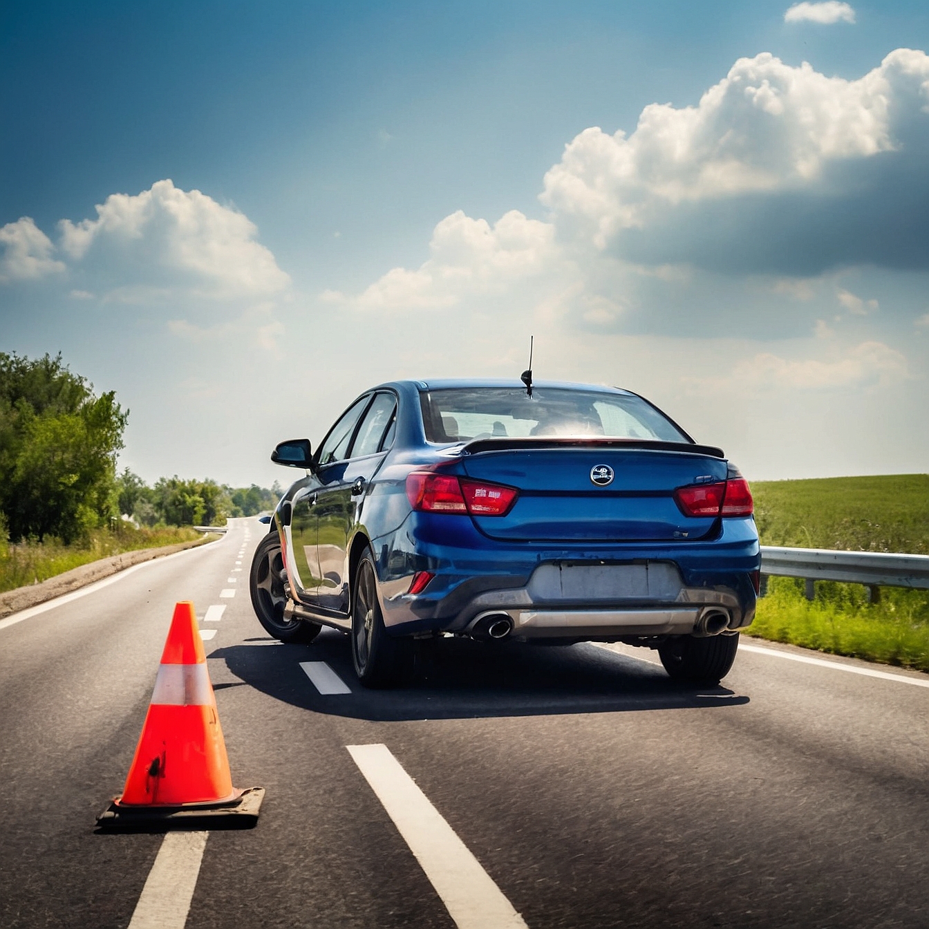 Luxury sedan parked roadside with traffic cone on sunny rural highway.