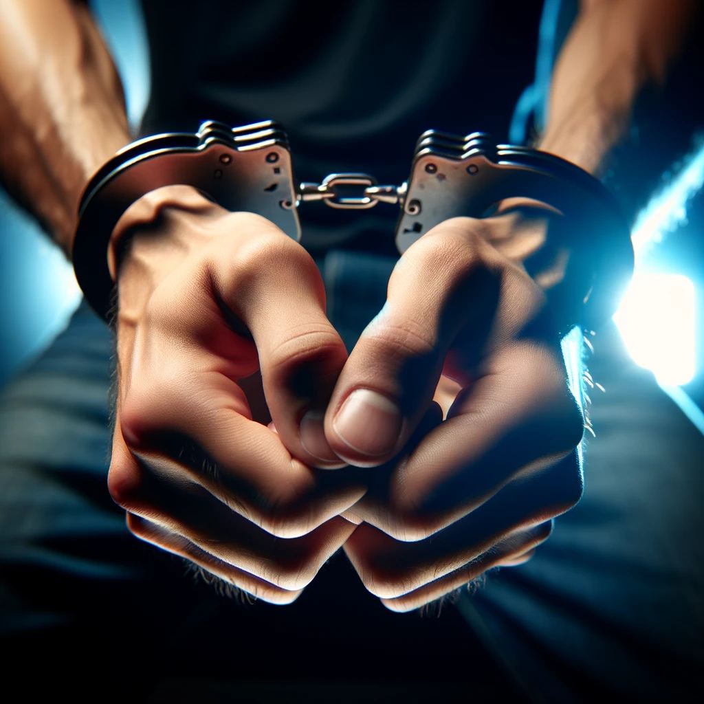 Hands tightly bound in handcuffs, silhouetted against dramatic lighting.