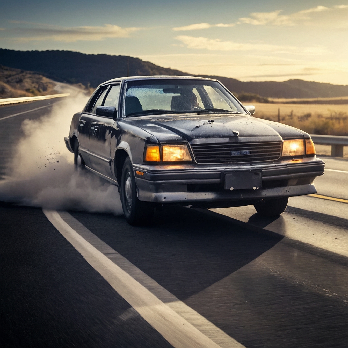 Classic car performing burnout on highway at sunrise.