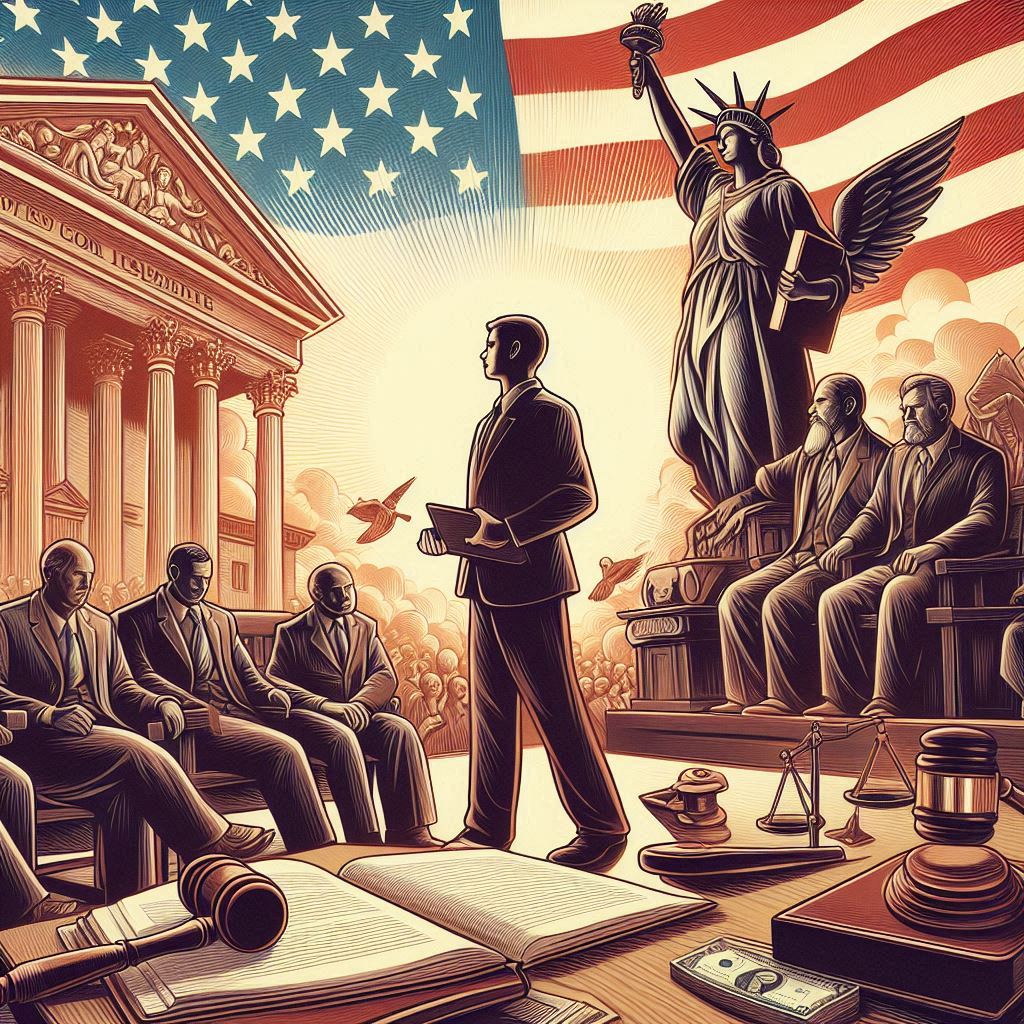 Illustration of American judicial system with judges, Statue of Liberty, and waving flag.