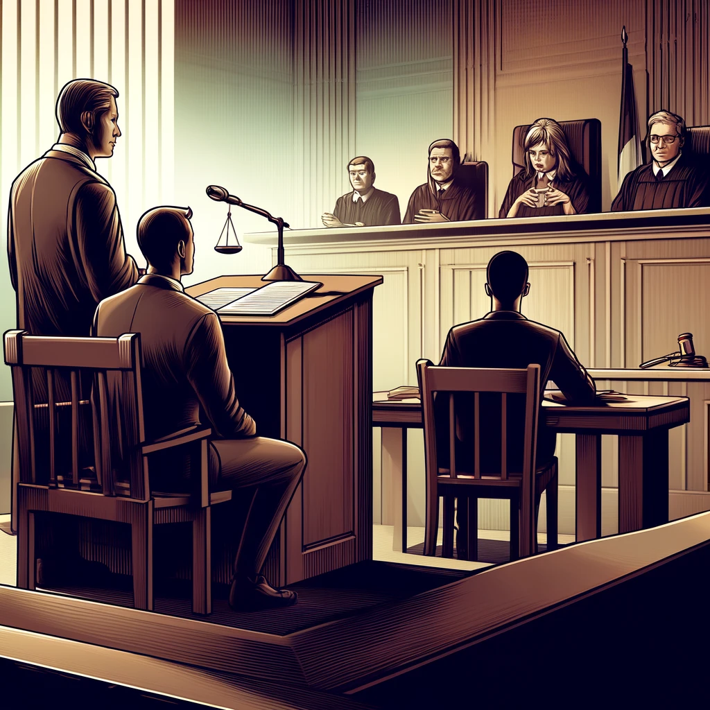 Courtroom scene illustrating presumption of innocence with judge, lawyer, and defendant.