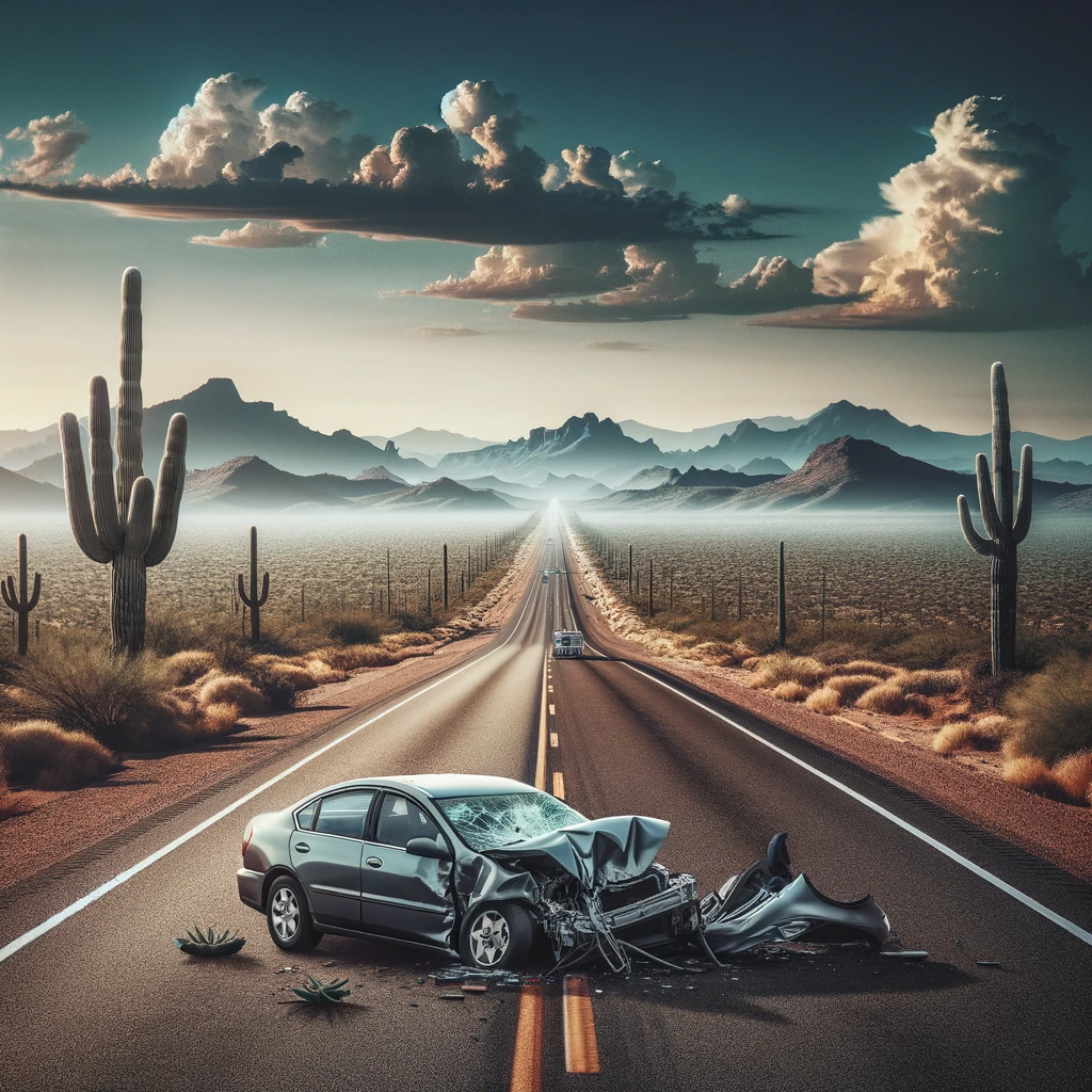Damaged silver sedan on desert road at sunrise with cacti and mountains in background.