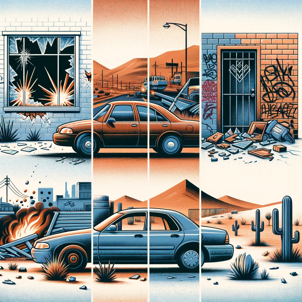 Stylized desert scene with burning car, urban decay, and nature transition.