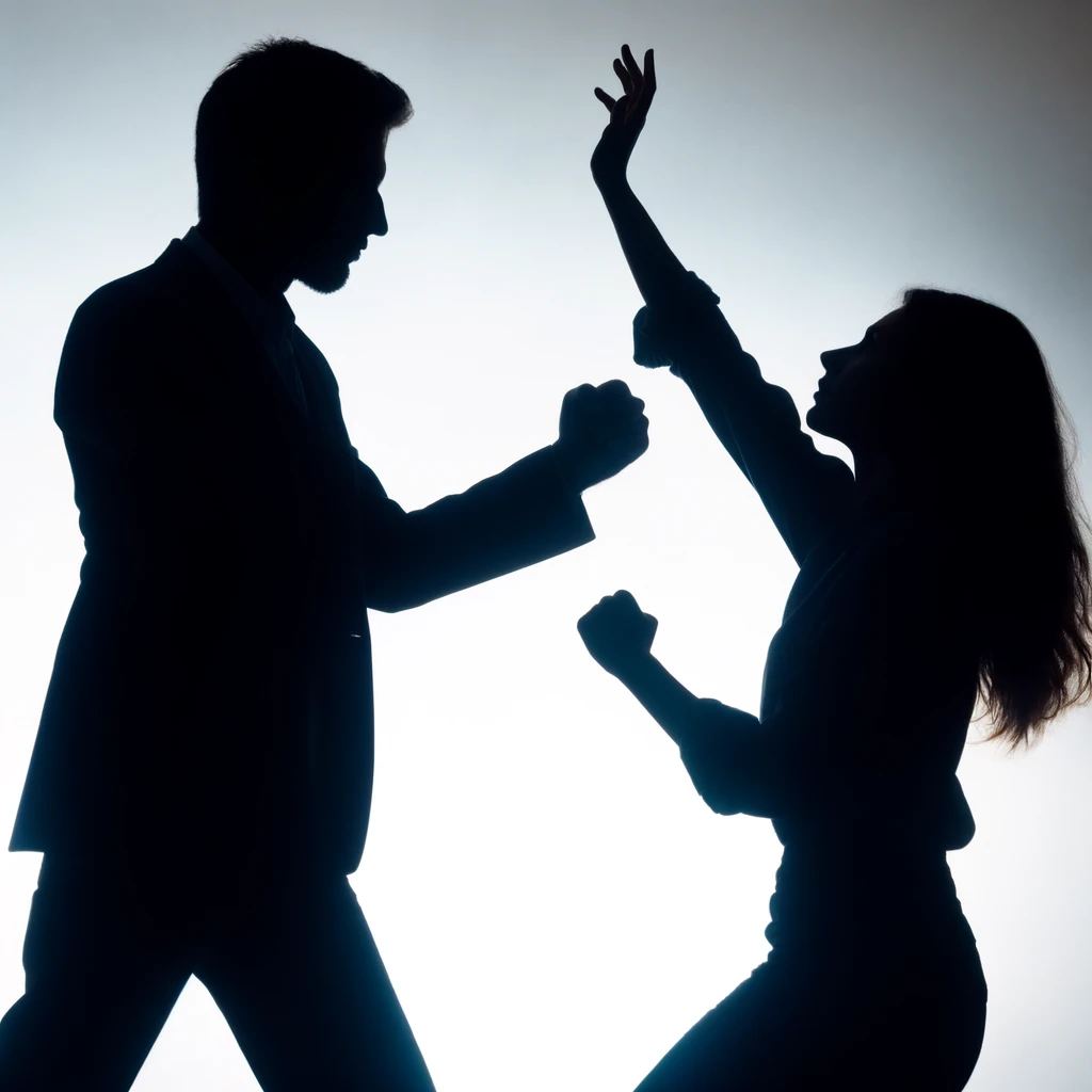 Silhouettes of dynamic dance pose mid-motion against light background.