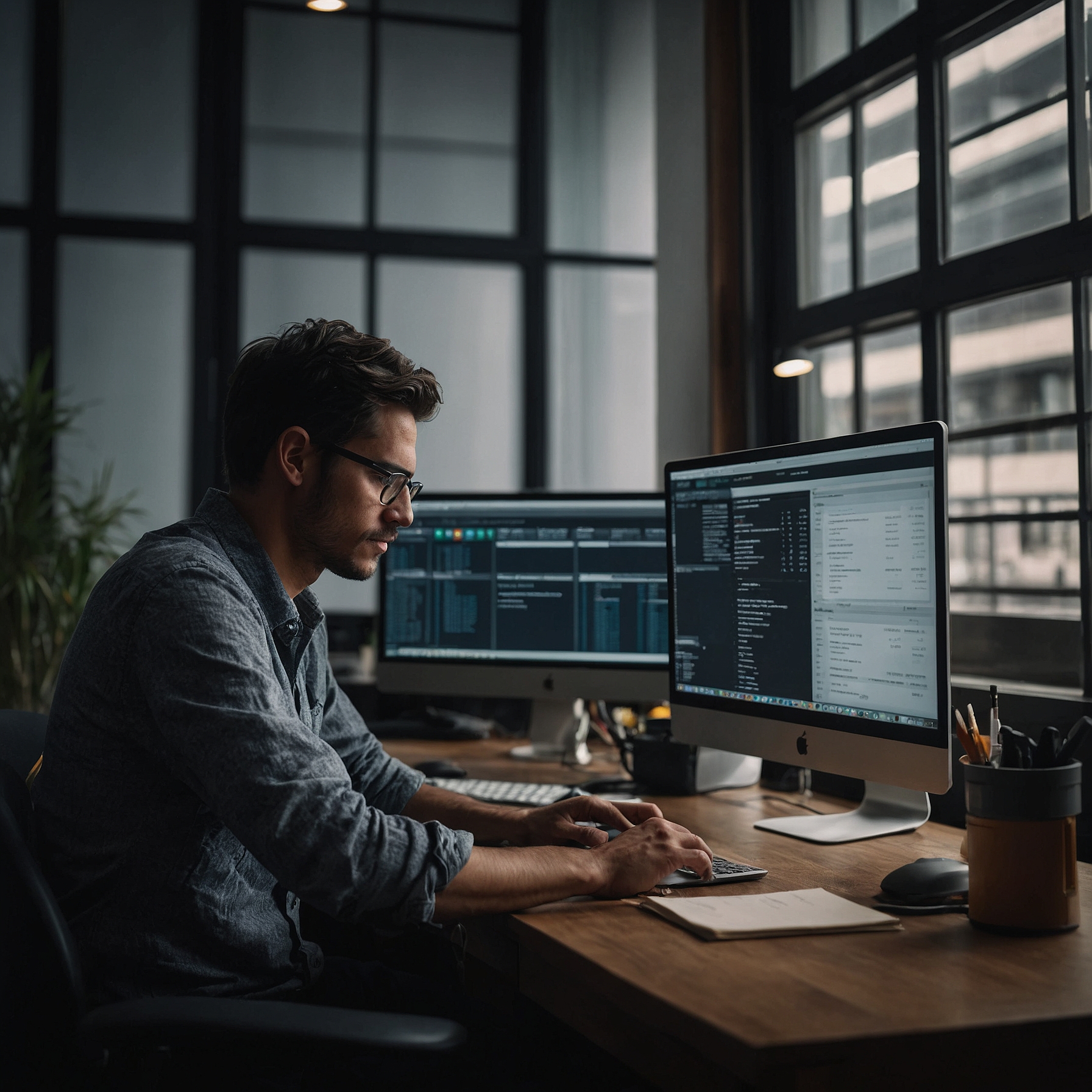 Male programmer working intently on dual monitors in a modern, dimly lit urban office.