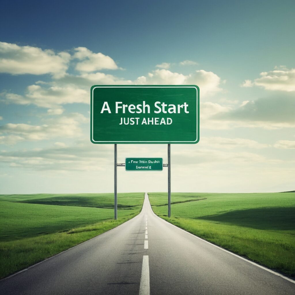 A Fresh Start road sign on a scenic highway with blue sky and clouds.