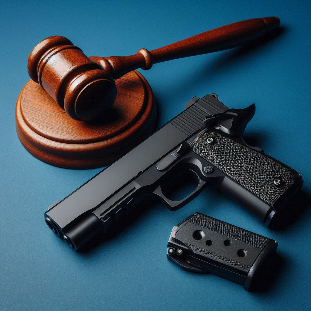 Gavel and pistol on dark blue background, symbolizing legal authority and firearm regulation.