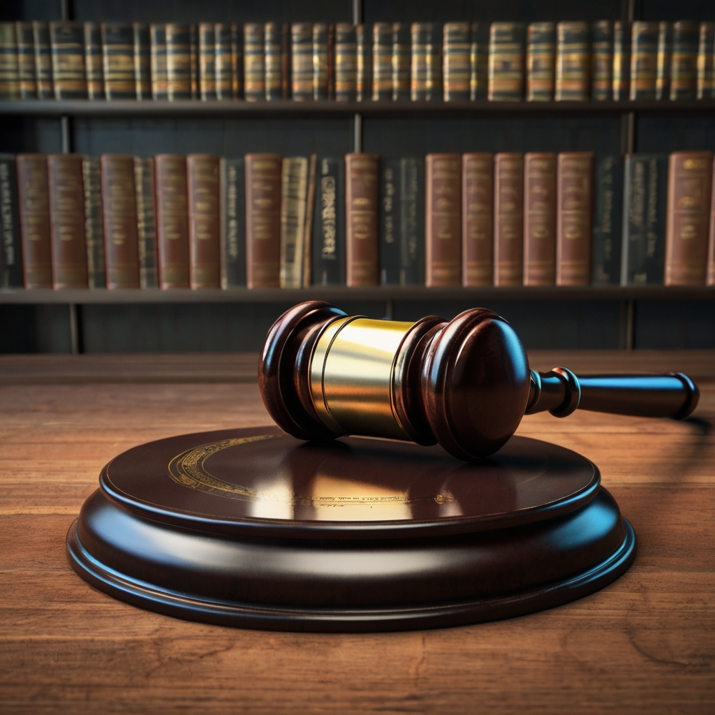 Traditional gavel on sounding block in law library, symbolizing justice and authority.