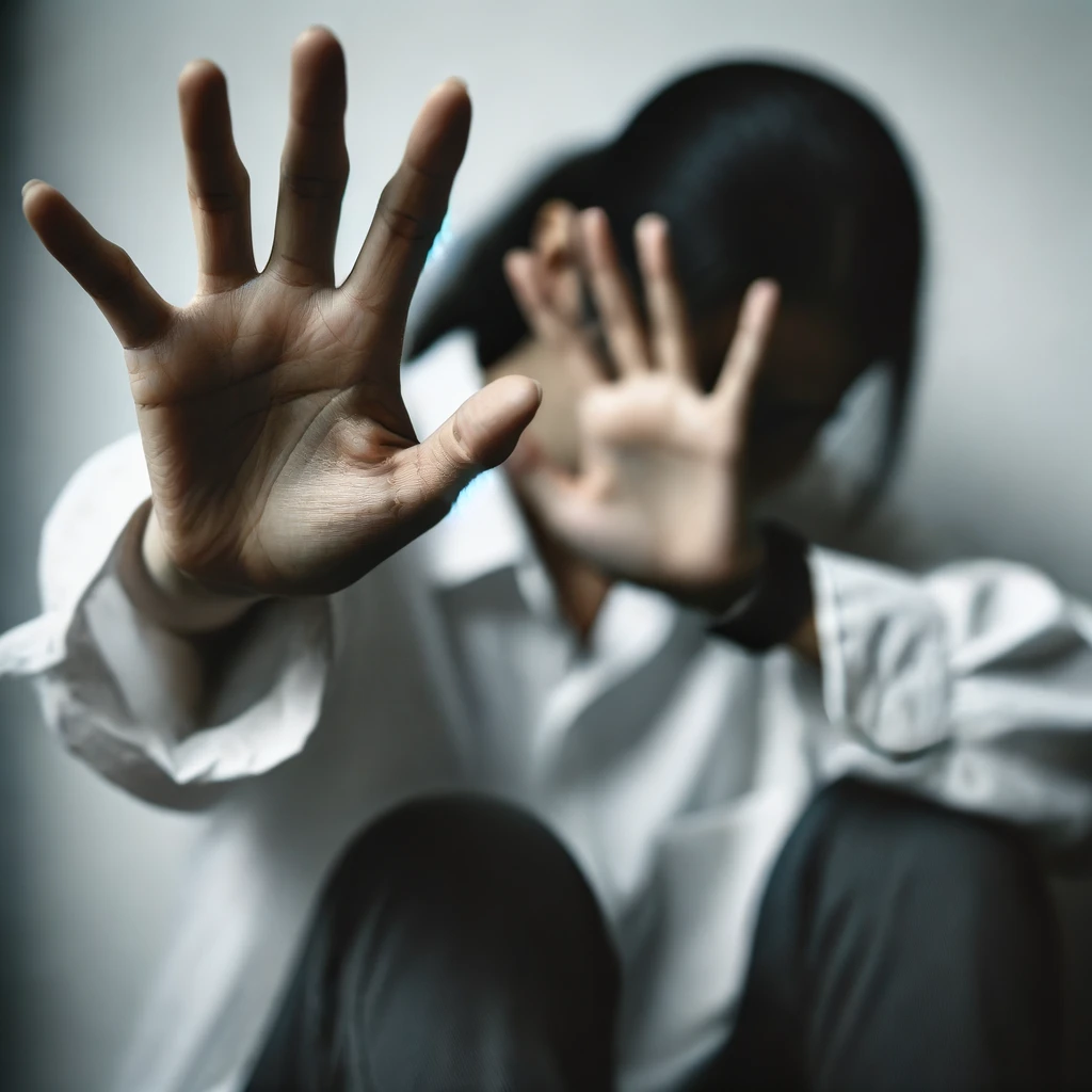 Person sitting against wall, wearing hoodie, hands extended toward camera, moody lighting, introspective mood.