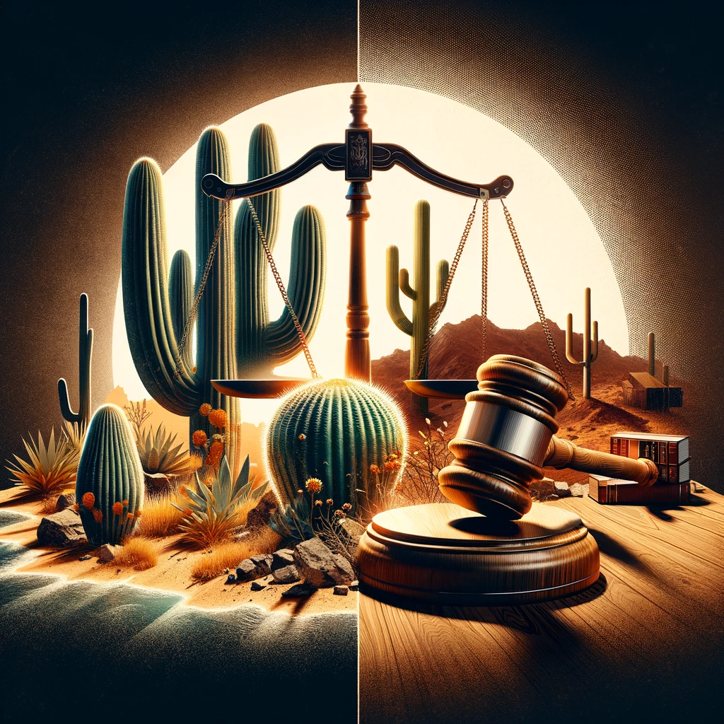 Desert scene with justice scales, cacti, and legal symbols in a conceptual digital art.