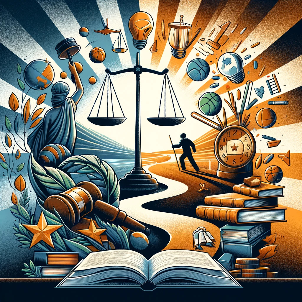 Justice scales representing law, education, and knowledge with various symbolic objects.