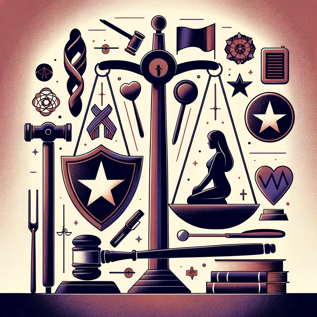 Scales of justice with symbols of law, healthcare, and protection in purple and gold.