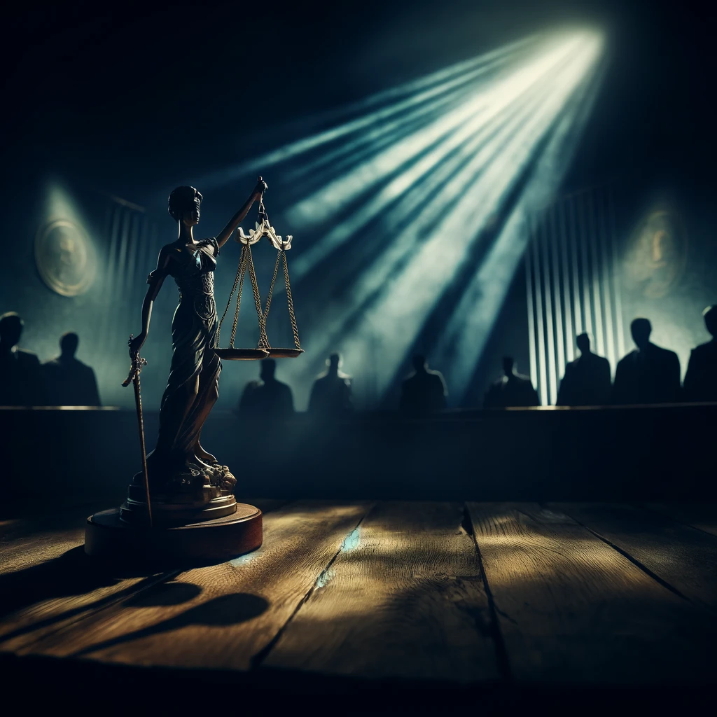 Lady Justice statue in dramatic courtroom lighting, symbolizing fairness, impartiality, and legal judgment.