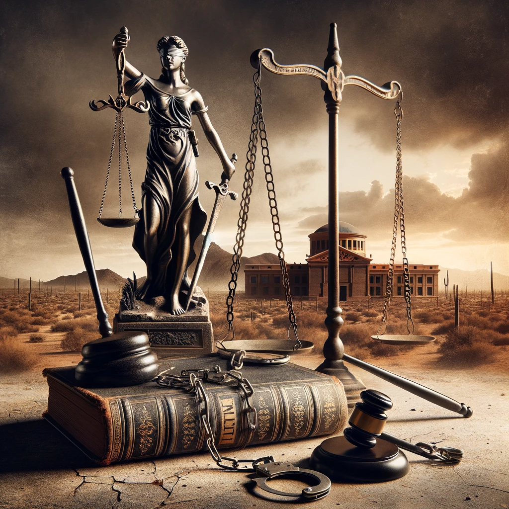Lady Justice statue in desert with legal symbols, courthouse ruins, and dramatic sky.