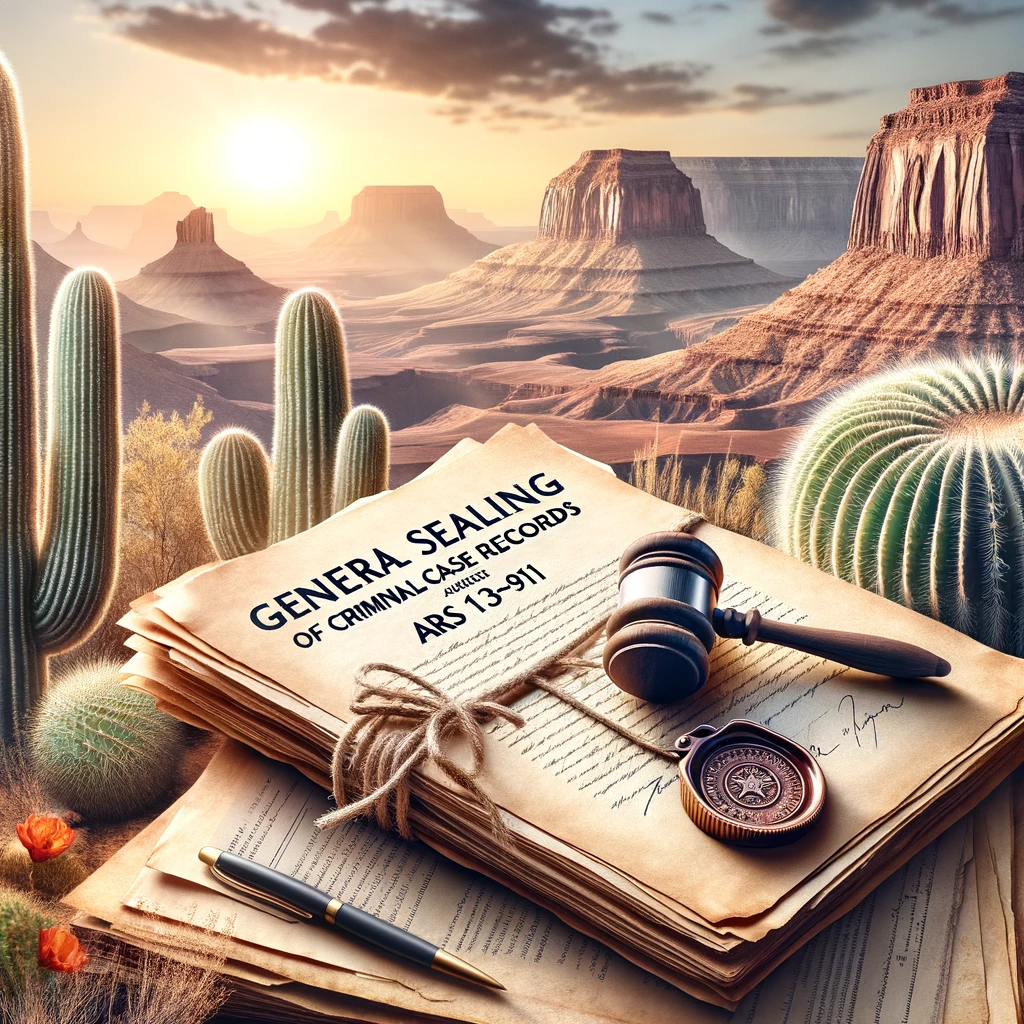 Legal documents and gavel in a sunset-lit desert scene.