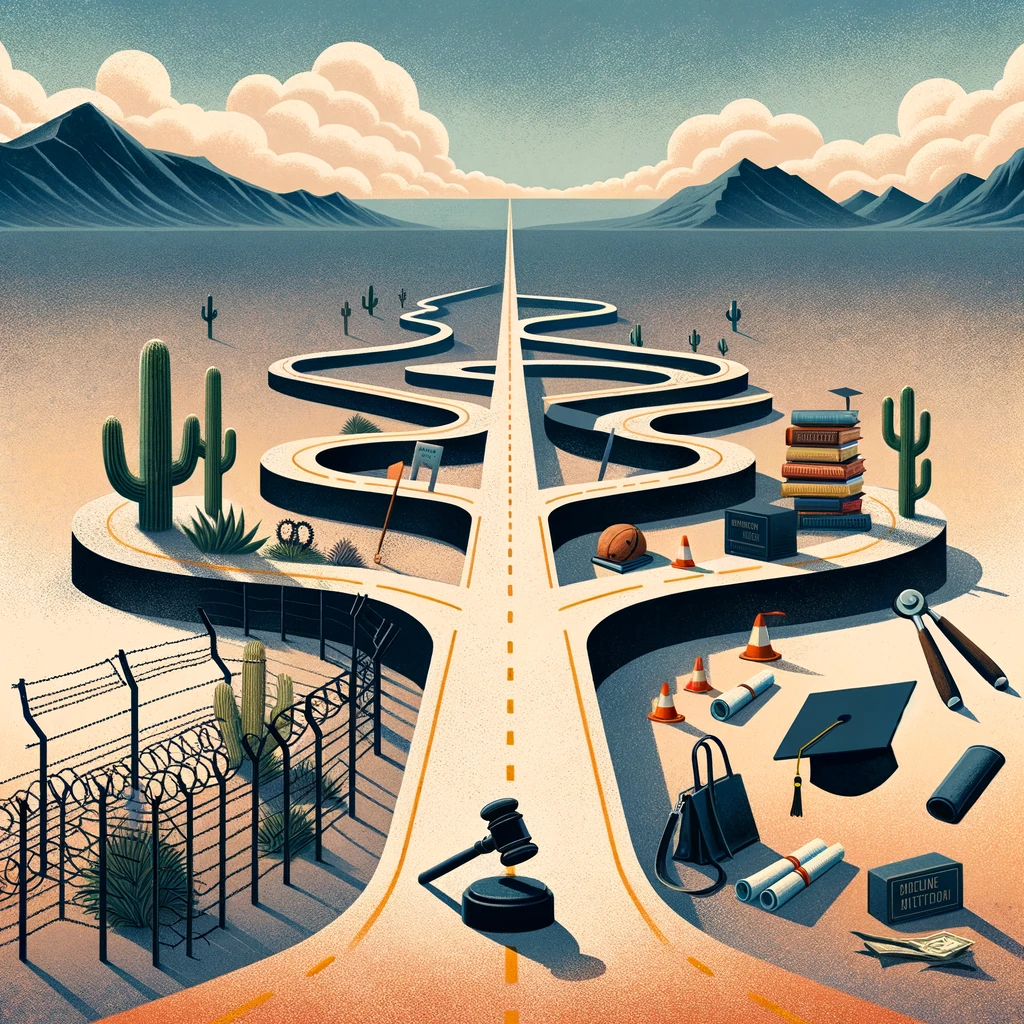 Journey through life paths in a surreal desert landscape at dusk.