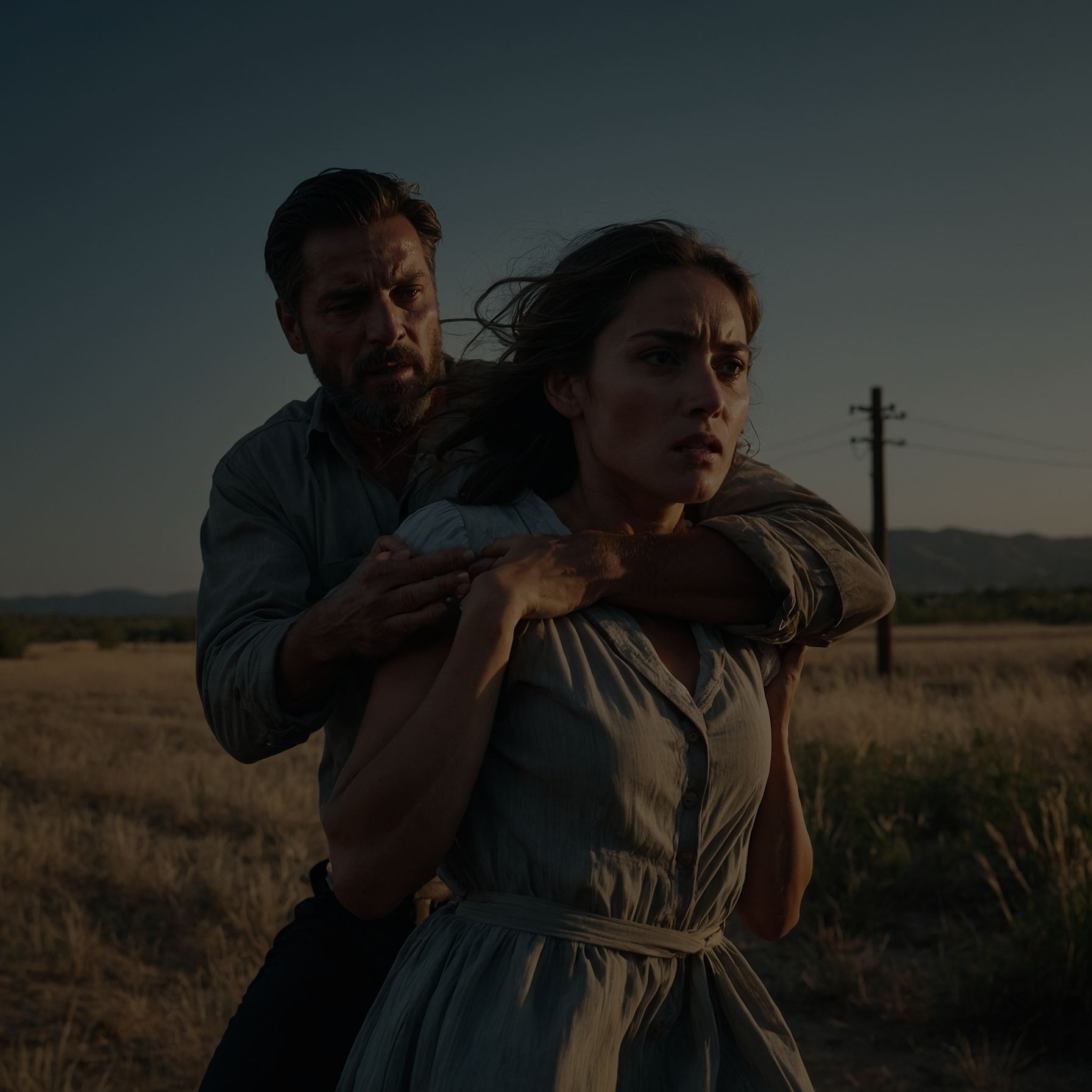 Man gripping distressed woman in rural dusk setting.