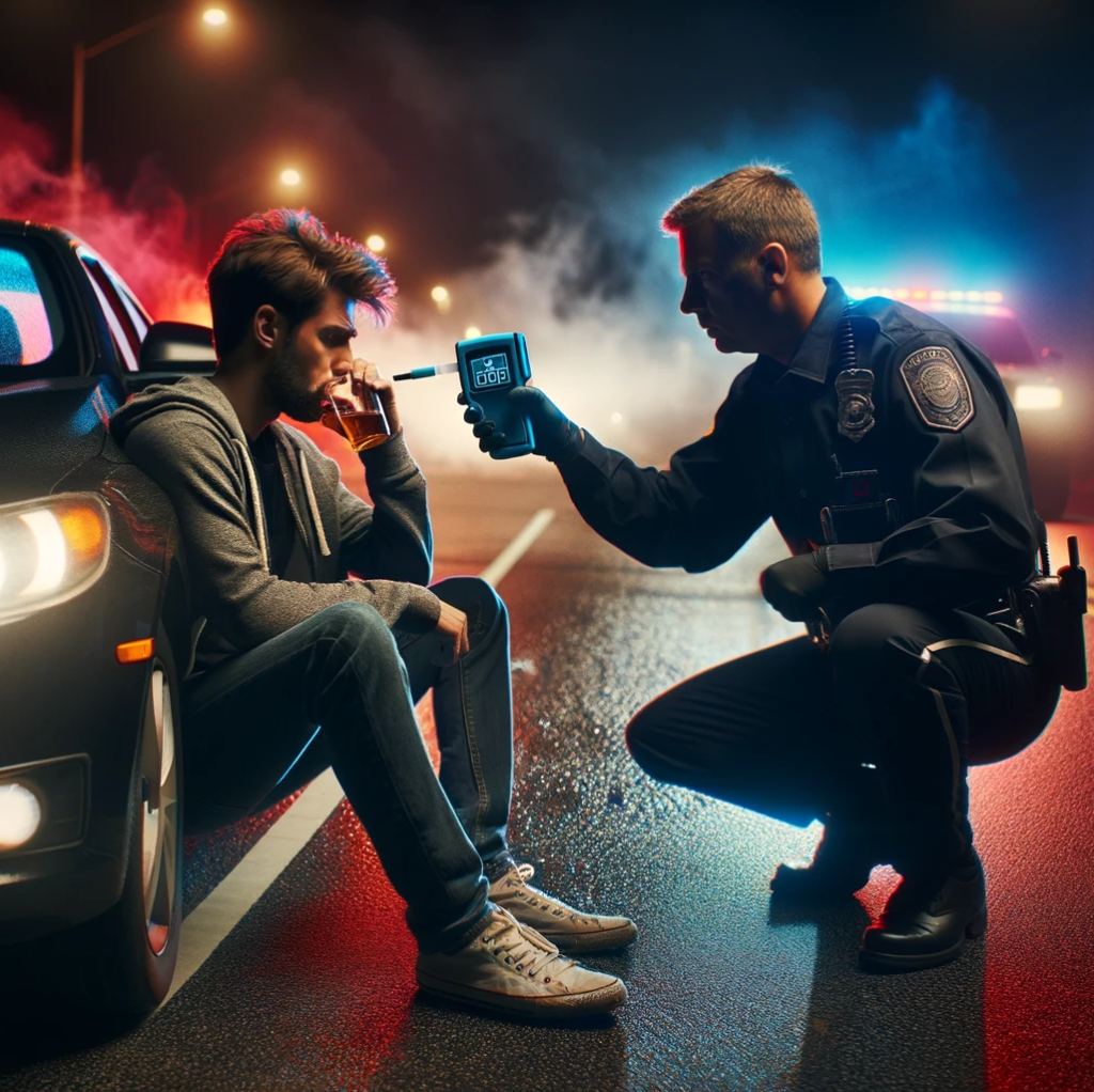 DUI arrest night scene with police and driver, breathalyzer test, roadside interaction.