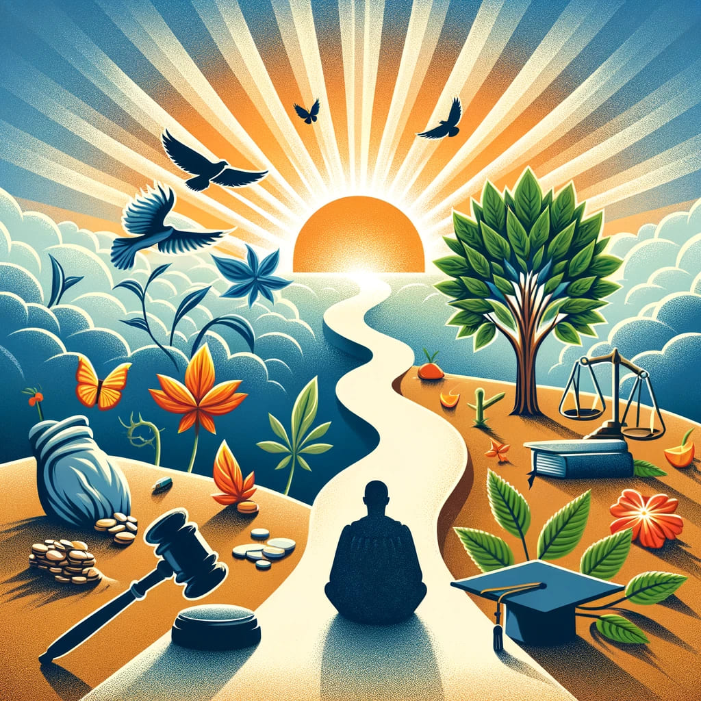 Journey of life illustrated with symbolic milestones, winding path, and radiant sun.