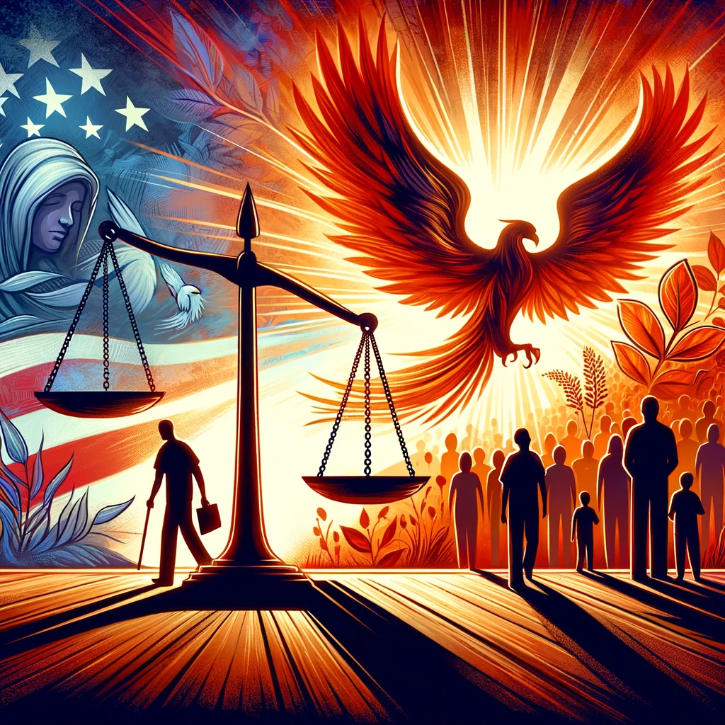 Phoenix symbolizing justice, freedom, and renewal with Lady Justice and scales.