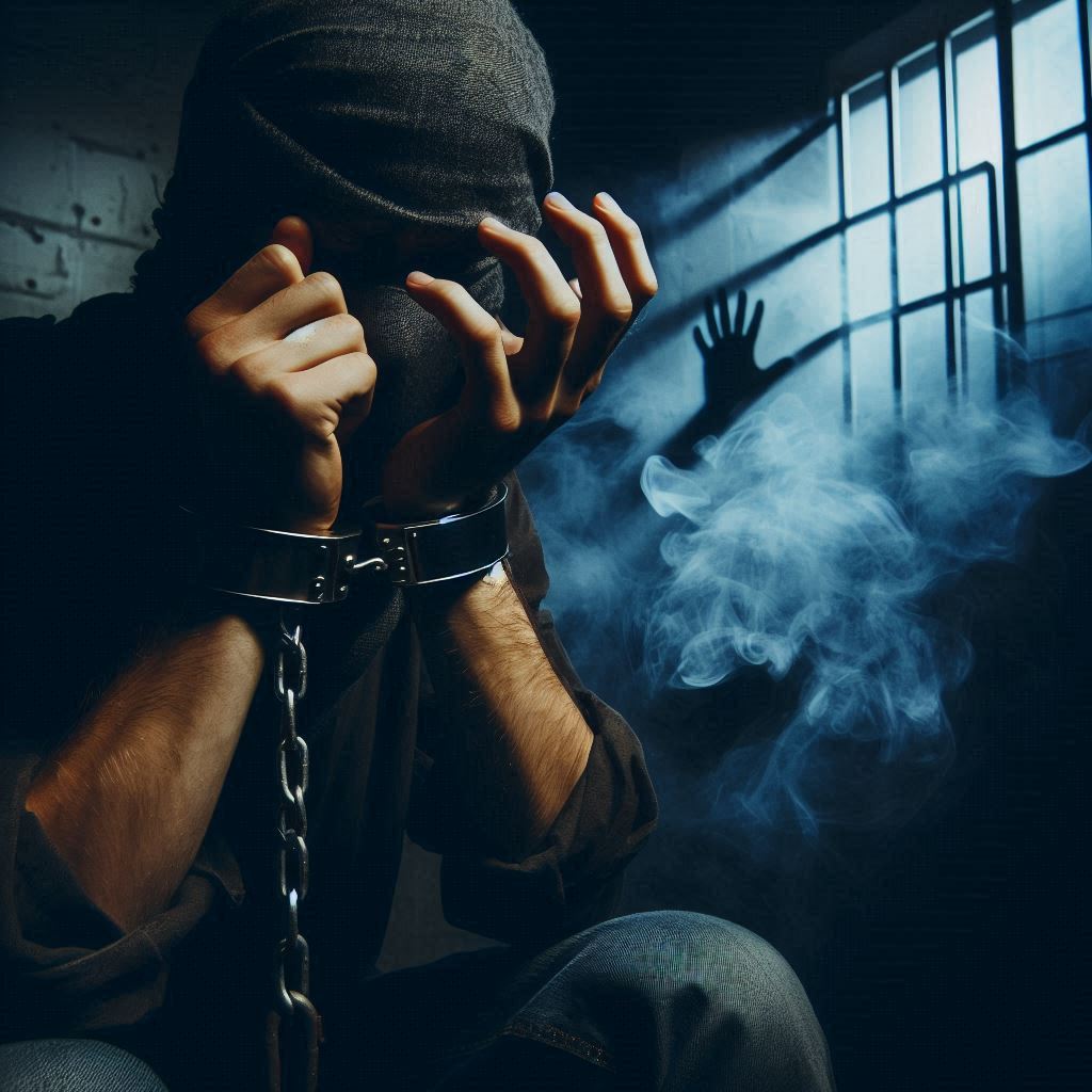 Person in handcuffs with face obscured by cloth, misty eerie lighting.