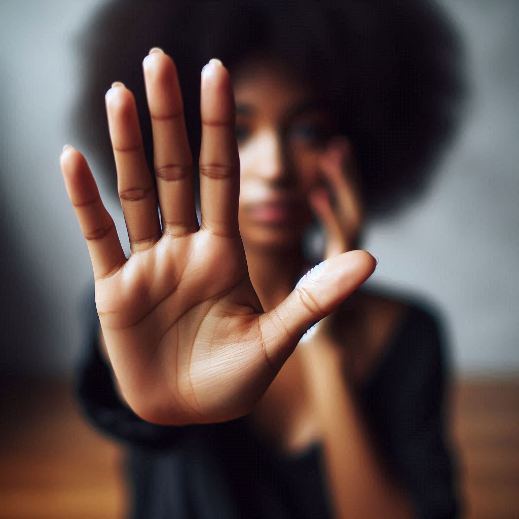 Person with outstretched hand signaling stop, dark skin, afro hairstyle, serious expression.