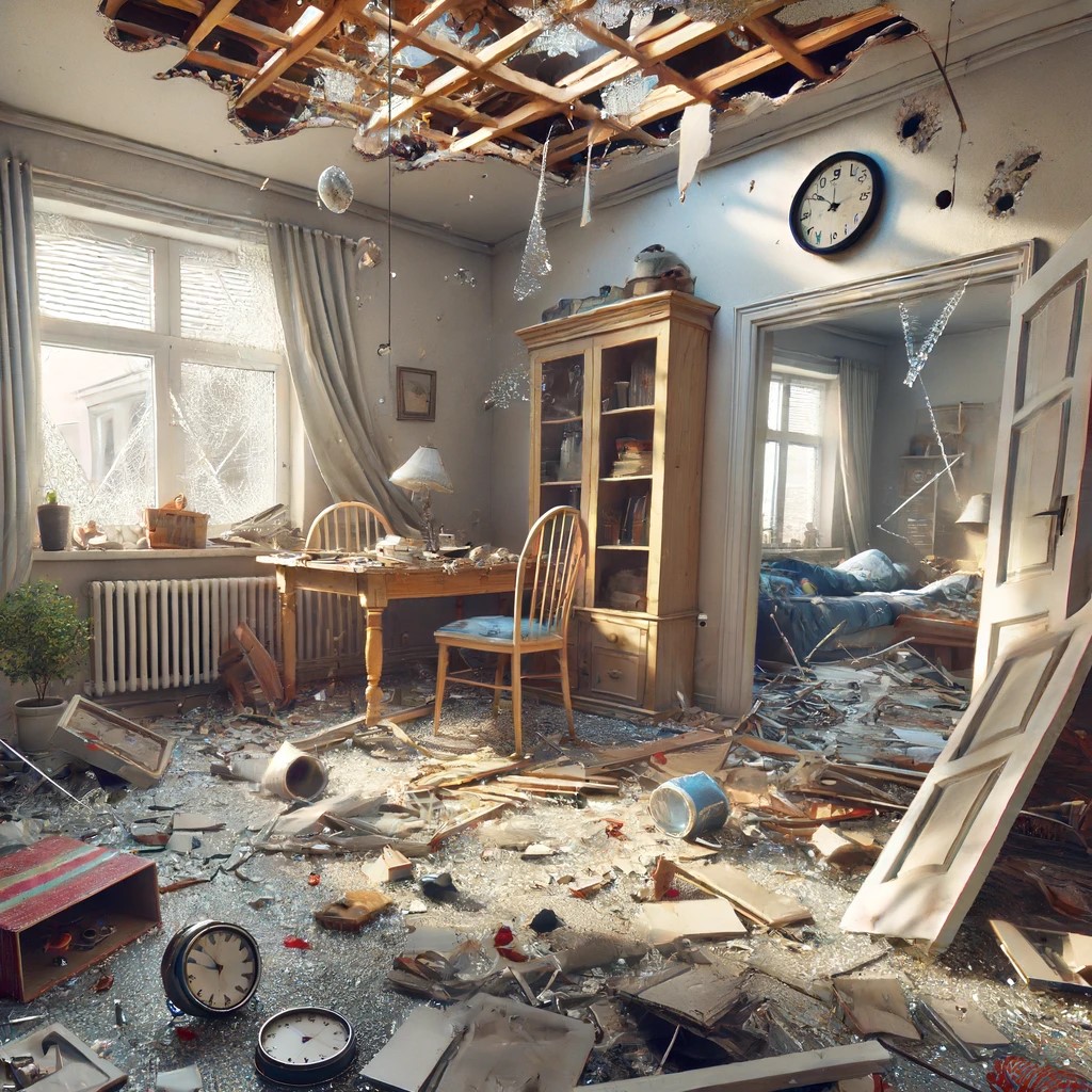 Study room wrecked by ceiling collapse, with scattered books, broken furniture, and debris everywhere.