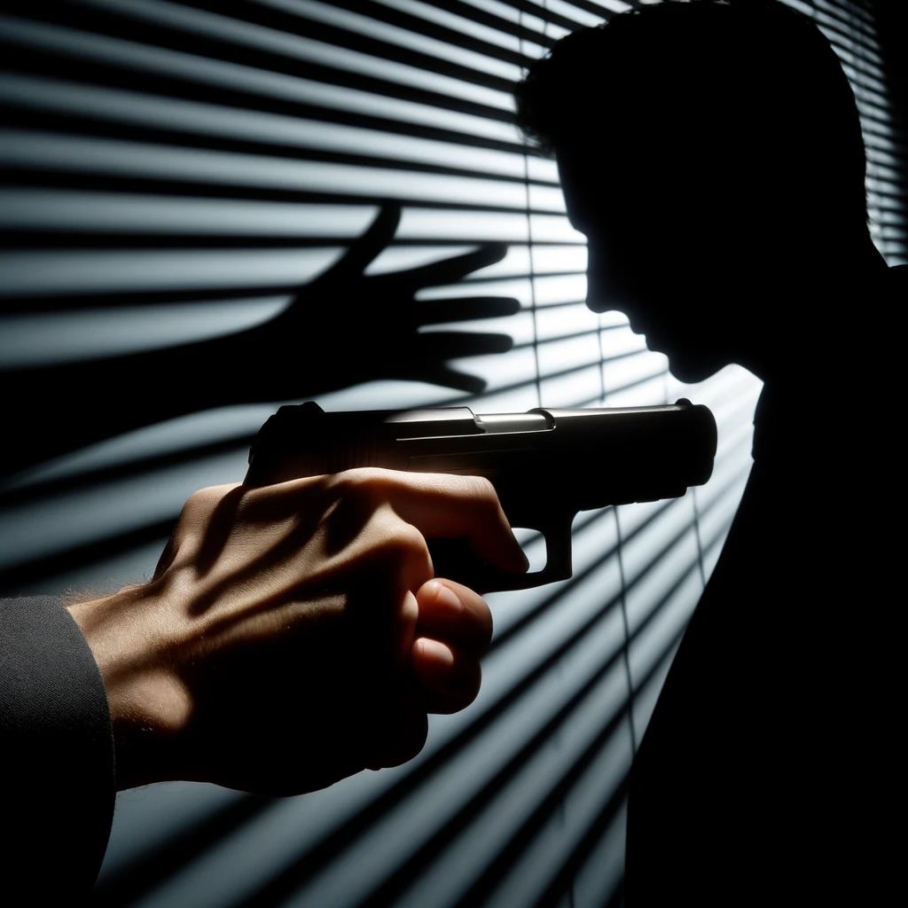 Handgun pointed at silhouette in dramatic, shadowy scene with intense light contrast.