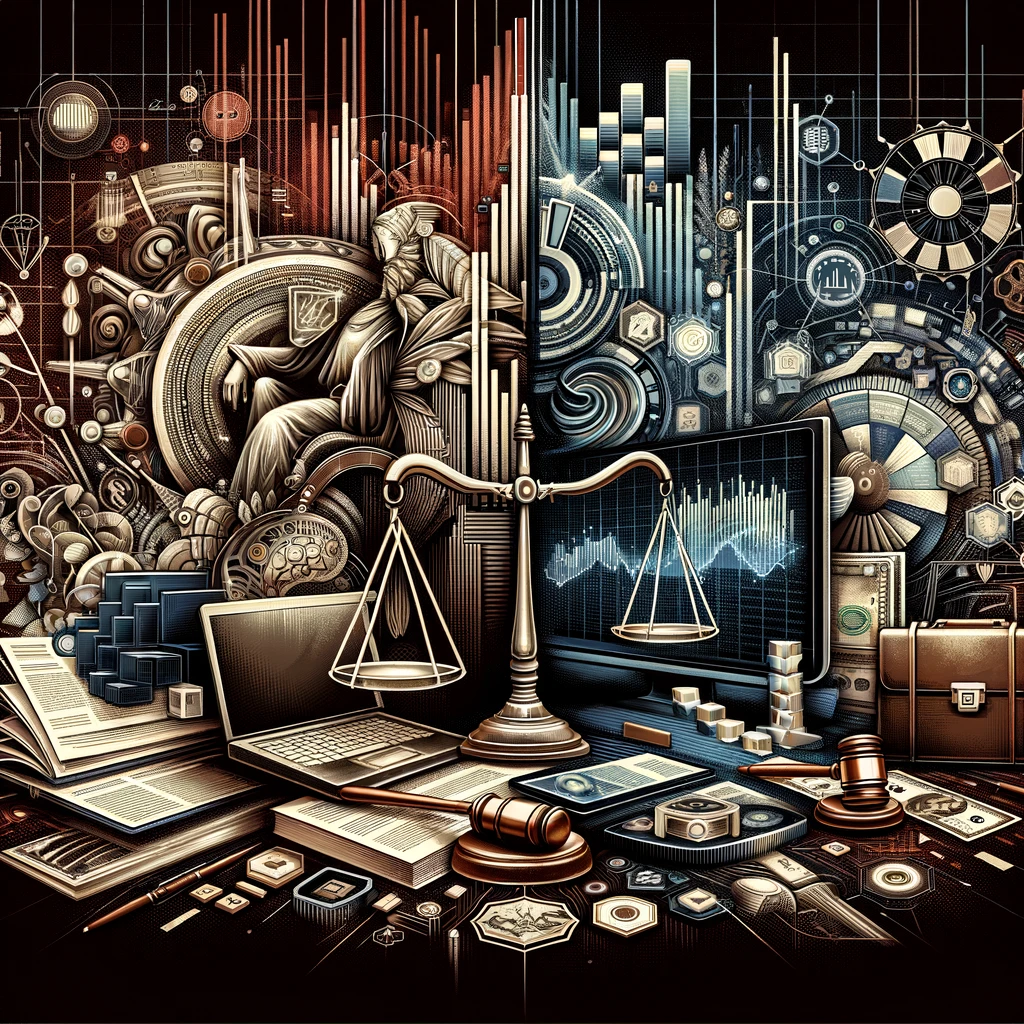 Classical statue meets technology, finance, and justice in a futuristic, detailed artwork.
