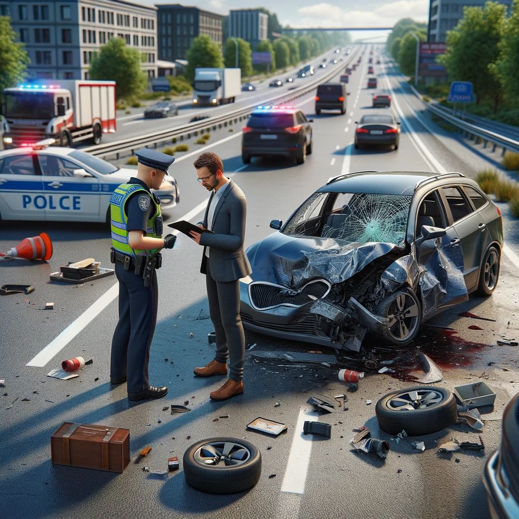 Severe highway accident with damaged car, police officer, and debris.