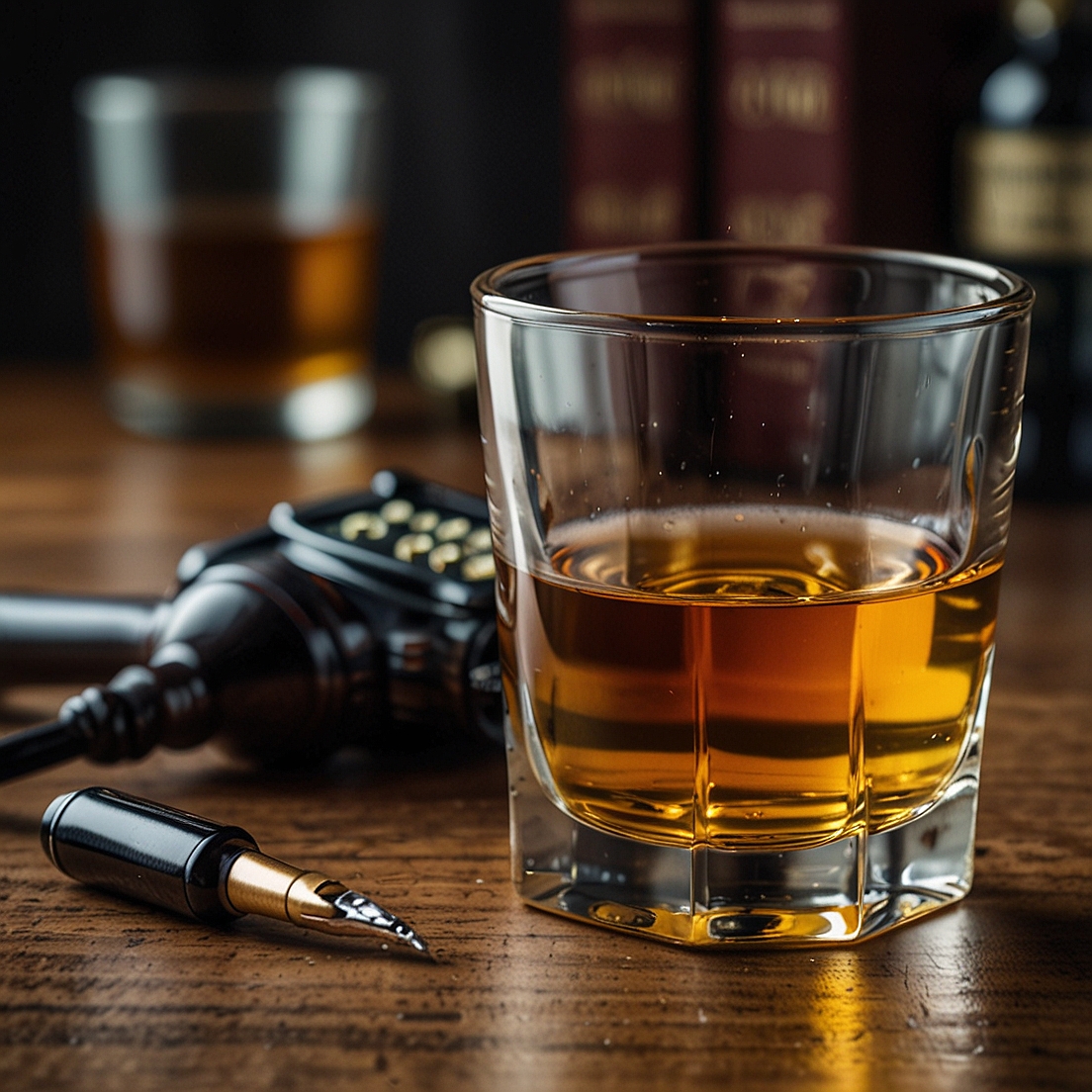 Whiskey glass on wooden surface with audio cable nearby.