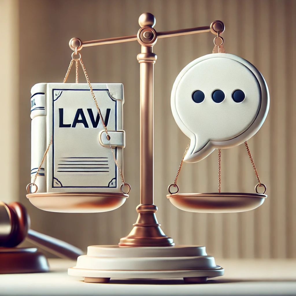 Balanced justice scale with law book and speech bubble, foreground gavel.