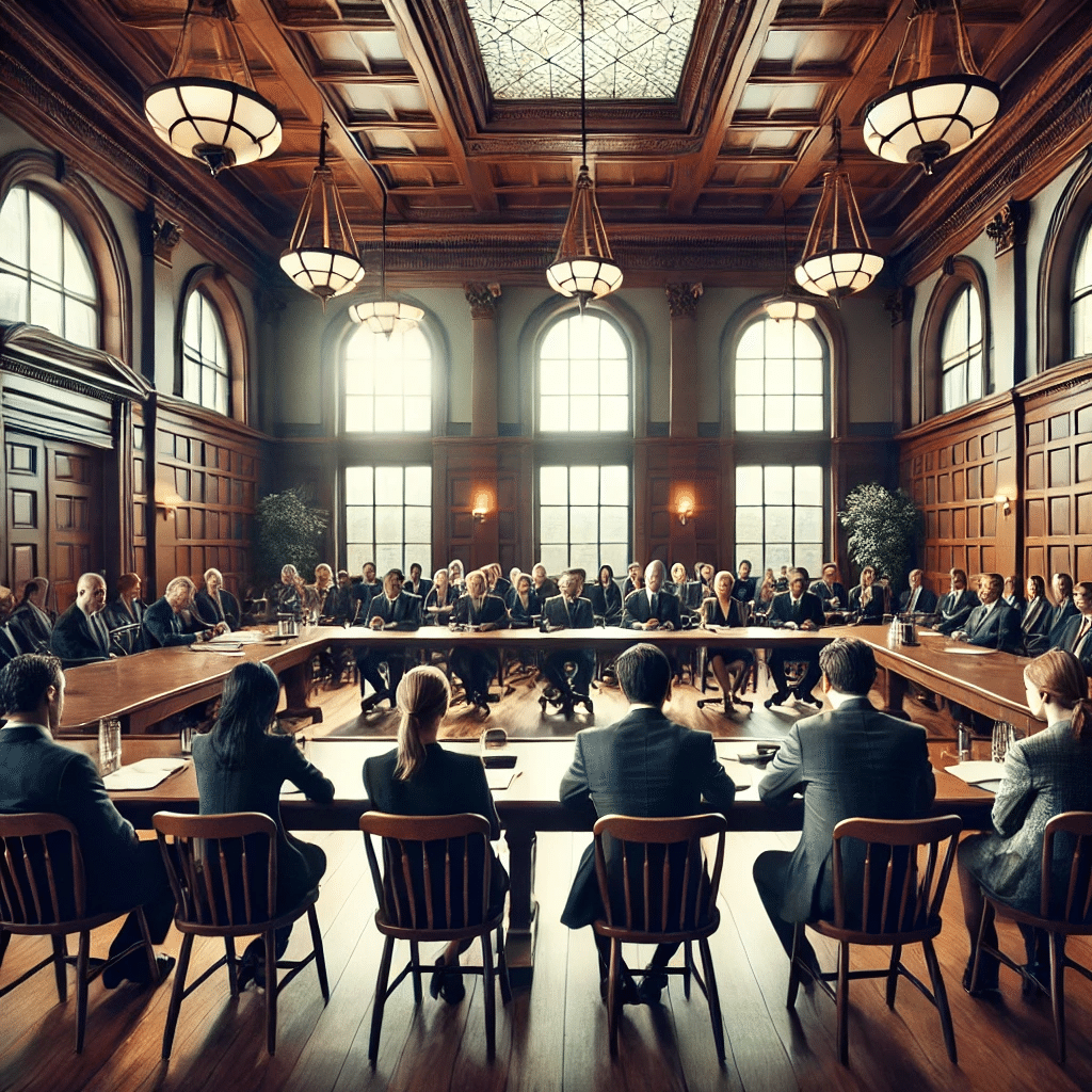 Grand jury session in elegant wood-paneled room with diverse jurors and high ceilings.