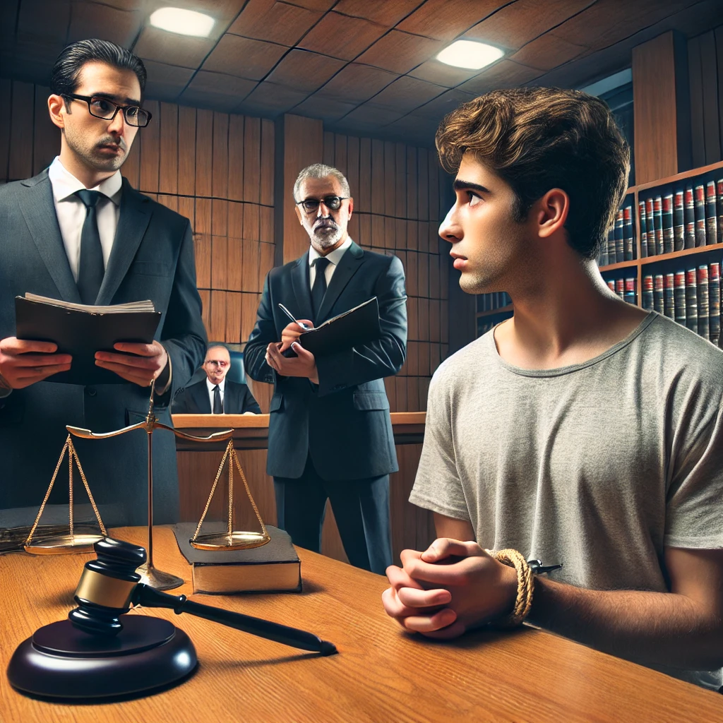 Young individual in courtroom with lawyer and legal officials.