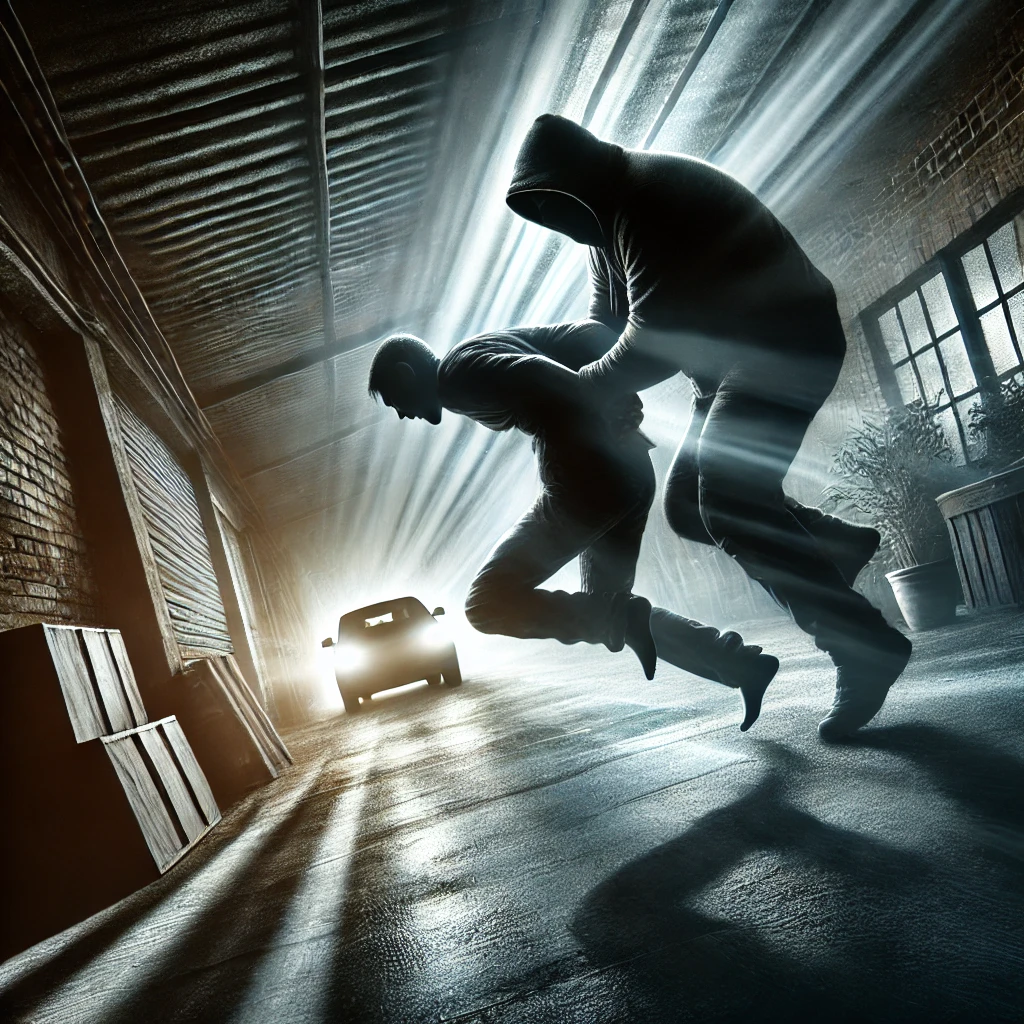 Two figures fight in a dim warehouse, car headlights casting dramatic shadows.